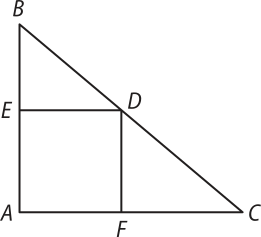 Imagem de um triângulo retângulo A B C com um quadrado A F D E em seu interior, de forma que os vértices D, E e F pertencem aos lados B C, A B e A C, respectivamente.