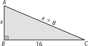 Imagem de um triângulo retângulo A B C. O cateto A C mede x, o cateto B C mede 16, e hipotenusa A C mede x mais 8.