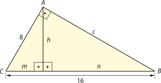 Imagem de um triângulo retângulo A maiúsculo B maiúsculo C maiúsculo, com ângulo reto em A e altura h relativa à hipotenusa B C. A altura divide a hipotenusa em segmentos m e n, sendo m a projeção ortogonal do cateto A C, e n a proteção ortogonal do cateto A B. Temos as seguintes medidas: B C igual a 16; A C igual a 8; A B igual a c minúsculo.
