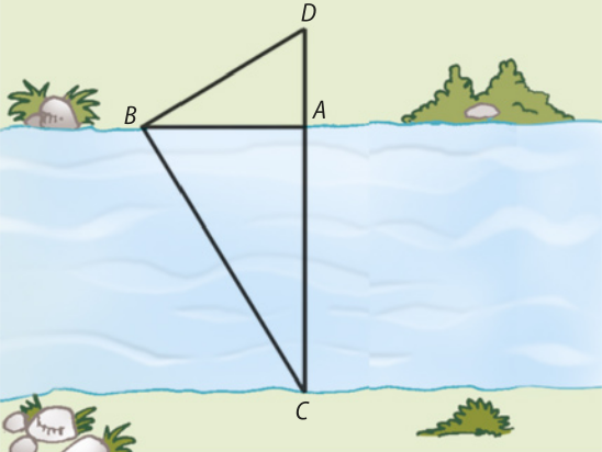 Esquema. Temos um triângulo B C D com uma altura A B. O lado A B está localizado na margem de um rio, e o vértice C na margem oposta.
