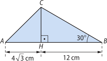 Imagem de um triângulo A B C com uma altura C H, que divide o lado A B em segmentos A H igual a 4 raiz quadrada de 3 centímetros e H B igual a 12 centímetros. Ela também determina os triângulos retângulos A C H e B C H. No triângulo A C H, o cateto oposto ao ângulo H Â C é C H e o cateto adjacente é A H. No triângulo B C H, o ângulo C B H mede 30 graus e o ângulo B H C mede 90 graus. O cateto oposto ao ângulo de 30 graus é C H e o cateto adjacente é H B.