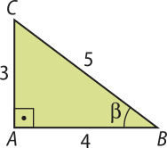 Imagem de um triângulo retângulo A B C com um ângulo beta. O cateto oposto a esse ângulo mede 3, o cateto adjacente 4 e a hipotenusa 5.