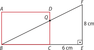 Imagem de um retângulo A B C D com um triângulo retângulo B E F alinhado ao lado B C. O triângulo intersecta o lado C D do retângulo em um ponto Q, determinando um triângulo retângulo semelhante B C Q. O segmento C E mede 6 centímetros, e a altura E F do triângulo B E F mede 8 centímetros.