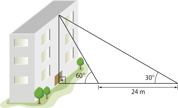 Esquema. À esquerda temos a ilustração de um prédio. À direita, no solo, há dois pontos alinhados horizontalmente, a uma distância de 24 metros um do outro. A partir do topo do prédio traçam-se linhas em direção a esses pontos, formando dois triângulos retângulos. No ponto mais próximo do prédio, a linha forma um ângulo de 60 graus com o solo. No ponto mais distante, o ângulo formado com o solo é de 30 graus.