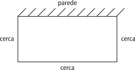 Esquema. Temos um retângulo em que as duas larguras e um dos lados do comprimento representam a cerca, enquanto o outro lado do comprimento, marcado com linhas inclinadas paralelas, representa a parede.