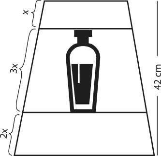 Esquema. Temos um trapézio isósceles de 42 centímetros de altura, com dois segmentos horizontais que o dividem em três partes, representando um armário. As medidas dos lados oblíquos dessas partes são x, 3x e 2x. No compartimento do meio, de medida 3x, há um frasco.