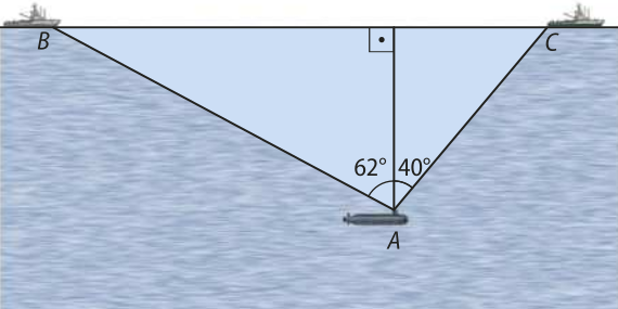 Esquema. Temos um triângulo A B C com uma altura relativa ao lado B C, que determina dois triângulos retângulos. No vértice A está o submarino e nos vértices B e C estão os barcos. O ângulo formado entre A B e a altura mede 62 graus, e o formado entre A C e a altura mede 40 graus.