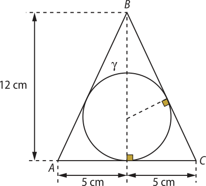 Imagem de uma circunferência gama inscrita em um triângulo isósceles A B C, de altura 12 centímetros. A altura divide a base em dois segmentos de 5 centímetros cada. O raio da circunferência está indicado.