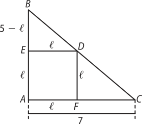 Imagem de um triângulo retângulo A B C com um quadrado A F D E de lados l em seu interior, de forma que os vértices D, E e F pertencem aos lados B C, A B e A C, respectivamente. O quadrado determina um triângulo retângulo semelhante E B D, cuja base mede l e a altura 5 menos l. No triângulo A B C, a base mede 7 e a altura l mais 5 menos l.