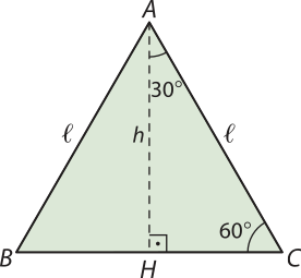 Imagem de um triângulo equilátero A B C de lados l, com uma altura A H igual a minúsculo, relativa à base B C. A altura determina dois triângulos retângulos, A H B e A H C. No triângulo A H C, temos que o ângulo A mede 30 graus, o ângulo C mede 60 graus e o ângulo H mede 90 graus.
