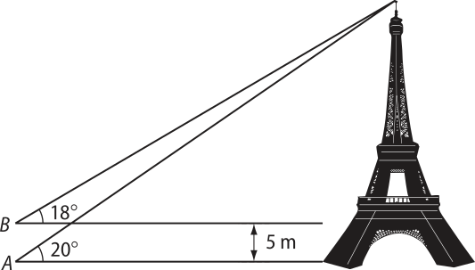 Esquema. À direita temos a ilustração de uma torre. À esquerda, no solo, há um ponto A, e um ponto B posicionado 5 metros acima de A, alinhado verticalmente a ele. A partir do topo da torre traçam-se linhas em direção a esses pontos, formando dois triângulos retângulos. No ponto A, a linha forma um ângulo de 20 graus com o solo. No ponto B, o ângulo formado é de 18 graus com direção horizontal.