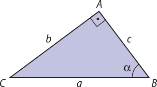 Imagem de um triângulo retângulo A B C com ângulo reto em A e alfa em B. O cateto oposto ao ângulo alfa mede b minúsculo, o cateto adjacente c minúsculo e a hipotenusa a minúsculo.