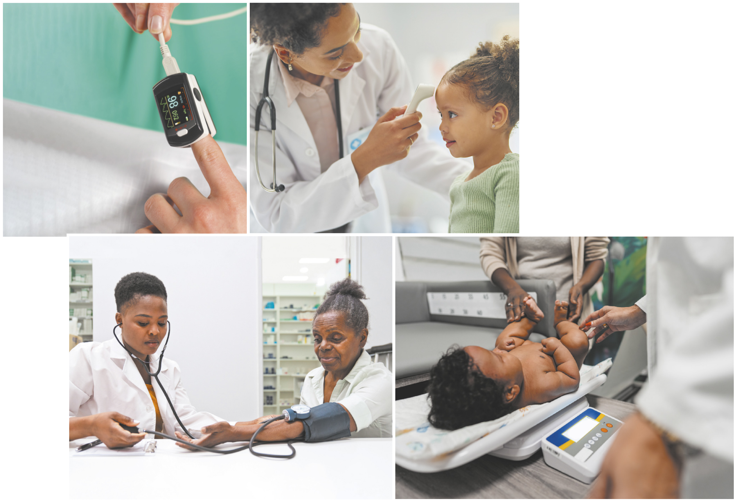 Fotografia de triagens médicas. Temos: um oxímetro de pulso sendo utilizado no dedo indicador de uma pessoa, exibindo 98% de saturação de oxigênio e 62 batimentos por minuto; uma médica medindo a temperatura corporal de uma criança com um termômetro infravermelho apontado para sua testa; outra médica aferindo a pressão arterial de uma mulher idosa; um recém-nascido sendo pesado em uma balança digital.