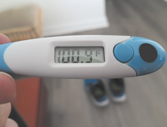 Fotografia de um termômetro digital marcando 100.9 graus Fahrenheit.