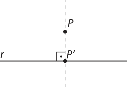 Imagem de uma reta horizontal r, com um ponto P acima dela. Um reta tracejada perpendicular a r passa pelo ponto P, e a intersecta em um ponto P linha.