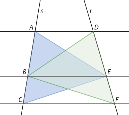 Imagem descrita anteriormente. Agora, segmentos de reta determinam os triângulos A C E e D F B, a partir dos quais se formam os triângulos menores A E B, B E C, D B E e E B F.