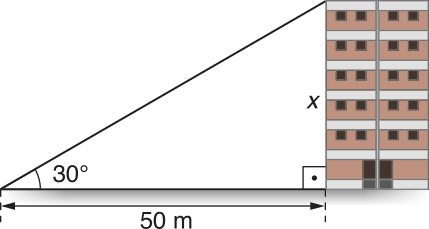 Esquema. Temos um triângulo retângulo com ângulos de 30 graus e 90 graus nos vértices inferiores. O cateto oposto ao ângulo de 30 graus mede x e representa a altura do prédio. O cateto adjacente mede 50 metros.