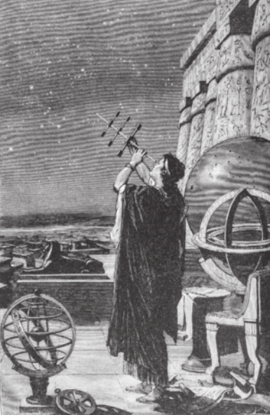 Ilustração de Hiparco observando o céu através de um instrumento composto por três hastes paralelas fixadas a uma haste principal. Ele é retratado de costas, com cabelos cacheados e usando túnica. Ao seu redor há duas esferas armilares e um astrolábio.