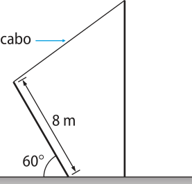 Imagem de um quadrilátero irregular posicionado no solo. O lado direito é reto; o lado esquerdo é inclinado, mede 8 metros e forma um ângulo externo de 60 graus com o solo; o lado superior, também inclinado, representa o cabo.