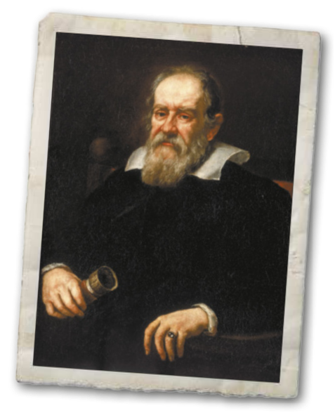 Retrato de Galileo Galilei. Ele é branco, tem cabelo, bigode e barba grisalhos, e está segurando um telescópio.