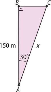 Imagem de um triângulo retângulo A B C com um ângulo de 30 graus no vértice A. O cateto adjacente a esse ângulo mede 150 metros, e a hipotenusa mede x.