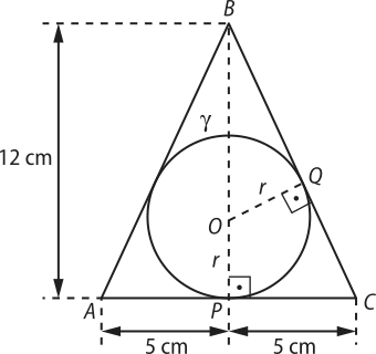 Imagem de uma circunferência gama de raio r, inscrita em um triângulo isósceles A B C, intersectando-o em um ponto Q. A altura B P do triângulo é igual a 12 centímetros e divide a base em dois segmentos de 5 centímetros cada. Ela também determina os triângulo retângulos B P C e B O Q. No triângulo B P C, B P é o maior cateto, C P é o menor cateto, e B C é a hipotenusa. No triângulo B O Q, B Q é o maior cateto, O Q igual a r é o menor cateto, e O B igual a 12 menos r é a hipotenusa.