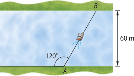 Esquema. Temos a ilustração de um rio com 60 metros de largura e dois pontos, A e B, localizados em margens opostas. Um barco parte de A em direção a B, formando um ângulo de 120 graus com a margem do rio onde está o ponto A.