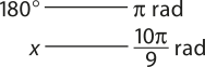 Imagem de regra de três para os seguintes valores: 180 graus está para pi rad assim como x está para 10 pi sobre 9 rad.