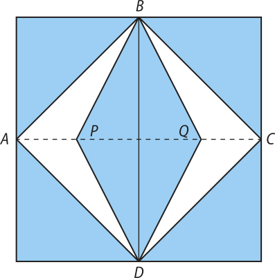 Imagem de um quadrado sombreado cujos pontos A, B, C e D são pontos médios. No interior dele há um quadrado menor, A B C D, não sombreado, cujos vértices são os pontos médios do quadrado maior. No interior do quadrado A B C D, há o losango B C P Q, sombreado, cuja diagonal maior é B D, e a menor, P Q.