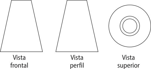 Imagem de 3 pontos de vista de uma torre. Vista frontal: figura de um trapézio com lados inclinados iguais. Vista perfil: igual à vista frontal. Vista superior. Circunferência com uma circunferência inscrita, na qual há outra circunferência inscrita.