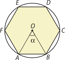 Imagem do hexágono descrito anteriormente, agora com um segmento de reta ligando o centro O ao vértice A e outro ligando o centro O ao vértice B. A e B são adjacentes e o ângulo A O B é alfa.
