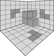 Imagem semelhante à anterior, agora com a sombra do plano horizontal sendo um quadrado com outro adjacente à esquerda e outro acima.