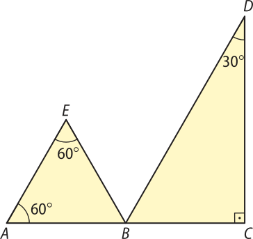 Imagem de dois triângulos, A B E, menor, e B C D, maior. Eles estão unidos pelo vértice B. Estão indicados os seguintes ângulos: Triângulo A B E: E A B: 60 graus. A E B: 60 graus. Triângulo B C D: B C D: 90 graus. B D C: 30 graus.