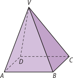 Imagem da pirâmide de base retangular A B C D V, sendo V o vértice dos planos triangulares. Os planos V A B e V B C são secantes. A reta B C é a intersecção dos planos A B C e V B C.