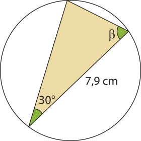 Imagem de um triângulo inscrito em uma circunferência. Um dos lados dele mede 7,9 centímetros, e os ângulos dos vértices adjacentes a ele medem beta e 30 graus.