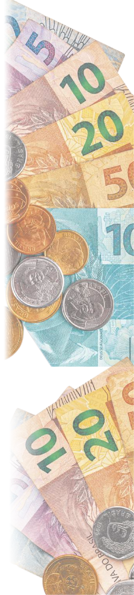 Fotografia de cédulas de 5, 10, 20, 50 e 100 reais e moedas de um real.