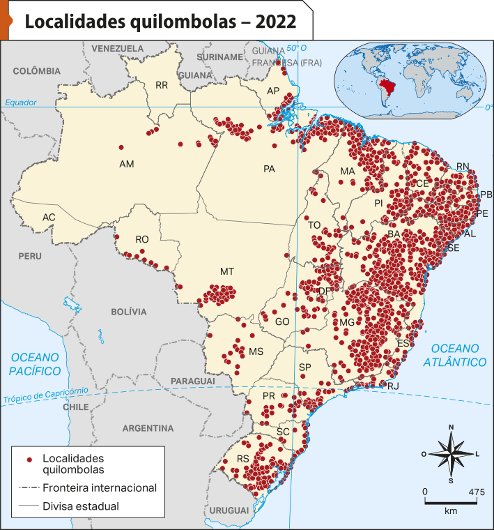 Mapa do Brasil 'Localidades quilombolas – 2022'.É possível observar que a maior parte dos quilombos está na faixa leste do país, principalmente na região Nordeste e no estado de Minas Gerais.