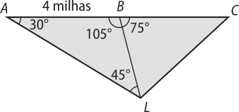 Imagem do triângulo A C L decomposto nos triângulos A B L e B C L. O lado A B do triângulo A B L tem 4 milhas e seus ângulos são os seguintes: B A L: 30 graus. A B L: 105 graus. A L B: 45 graus.