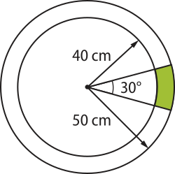 Imagem de uma circunferência de raio igual a 40 centímetros inscrita em uma maior, de raio igual a 50 centímetros. Há um setor de 30 graus que atravessa ambas as circunferências, e a área dele correspondente à área exclusivamente do círculo maior está destacada em verde.