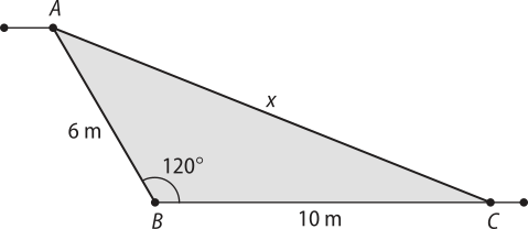 Imagem do triângulo A B C, com as seguintes medidas: A B: 6 metros. B C: 10 metros. A C: x. O ângulo A B C mede 120 graus.