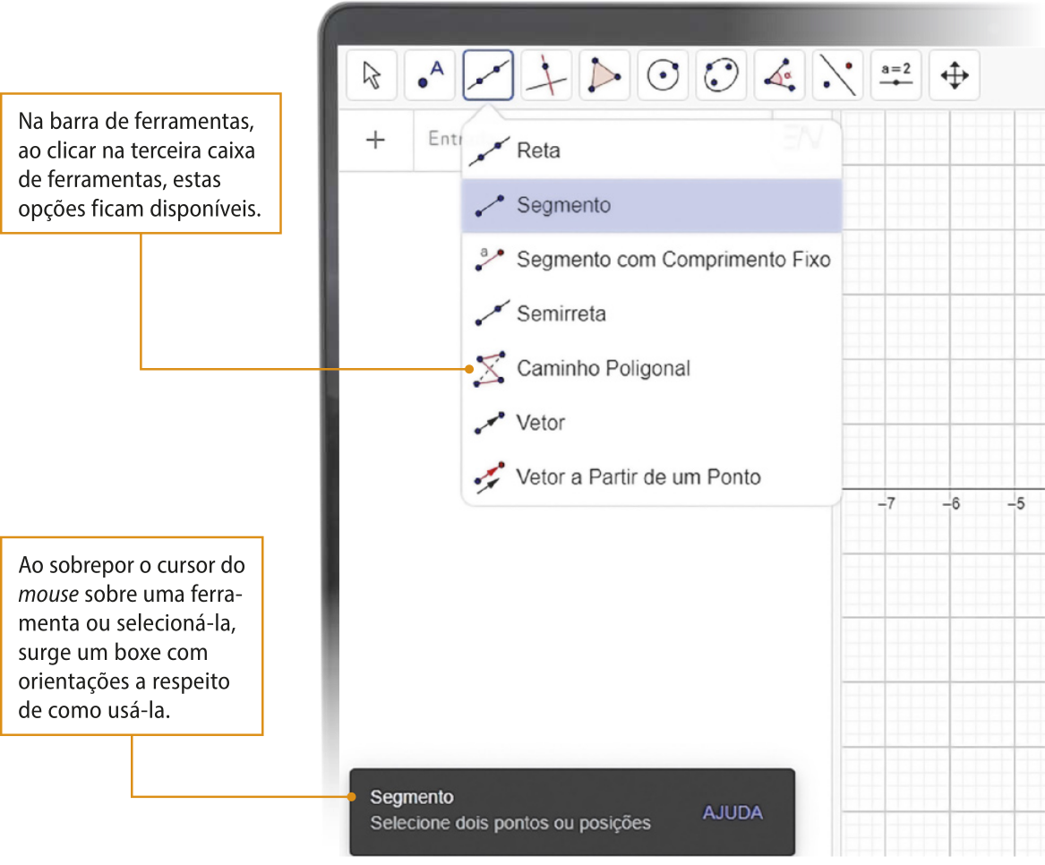 Imagem de tela do GeoGebra com o terceiro botão expandido, com as opções reta, segmento, segmento com comprimento fixo, semirreta, caminho poligonal, vetor e vetor a partir de um ponto demonstradas. Sobre elas, o texto: Na barra de ferramentas, ao clicar na terceira caixa de ferramentas, estas opções ficam disponíveis. A opção segmento está selecionada, e há uma caixa de texto abaixo com o escrito Ajuda e as seguintes informações: Segmento: Selecione dois pontos ou posições. Sobre essa caixa de texto, o texto: Ao sobrepor o cursor do mouse sobre uma ferramenta ou selecioná-la, surge um boxe com orientações a respeito de como usá-la.