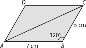 Imagem do paralelogramo A B C D, com a diagonal A C traçada, decompondo a figura em dois triângulos iguais e espelhados. Medidas indicadas: Lados: A B: 7 centímetros. B C: 5 centímetros. Ângulo A B C: 120 graus.