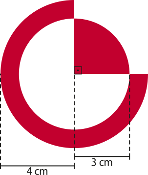 Imagem de um círculo de raio igual a 3 centímetros com um setor circular vermelho ocupando um quarto de sua área. Ele está inscrito em um círculo maior de raio igual a 4 centímetros. A coroa circular, em vermelho, ocupa quase toda a extensão do perímetro do círculo menor, com exceção do perímetro onde está o arco do setor circular.