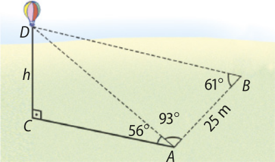 Imagem de um terreno com os pontos A, B e C. Há um balão no ponto D, no céu, e a distância entre C e D é a altura h. Linhas tracejadas ligam o ponto D aos pontos A e B, formando dois triângulos com as seguintes medidas: Ângulo A C D: 90 graus. Ângulo C A D: 56 graus. Ângulo B A D: 93 graus. Ângulo A B D: 61 graus. Lado A B: 25 metros.