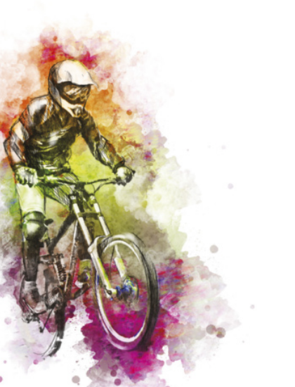 Ilustração de uma pessoa andando de bicicleta. Ela usa um capacete que cobre toda a cabeça e joelheiras. Segura firmemente o guidão e está de pé sobre os pedais. A imagem, bem como o fundo, estão em tons de laranja, verde e rosa.