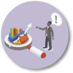 Ilustração de um homem apontando para um conjunto de gráficos de diversos tipos, que estão sobre uma lupa gigante. Do homem sai um balão de fala com um ponto de exclamação.