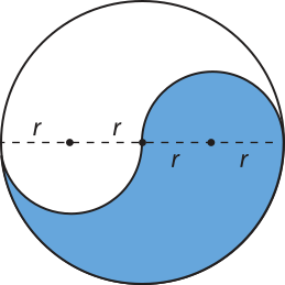 Imagem de um círculo com uma área colorida em azul. Ela corresponde à área de um semicírculo de raio igual a r somada com um semicírculo de raio dois r , subtraída da área de um semicírculo branco de raio igual a r.