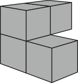 Imagem de figura que pode ser decomposta em uma linha com dois cubos, com outra linha de dois cubos sobre ela, estando o primeiro cubo da linha de baixo apoiado sobre o primeiro cubo da linha de cima. As linhas estão viradas entre si em 90 graus.