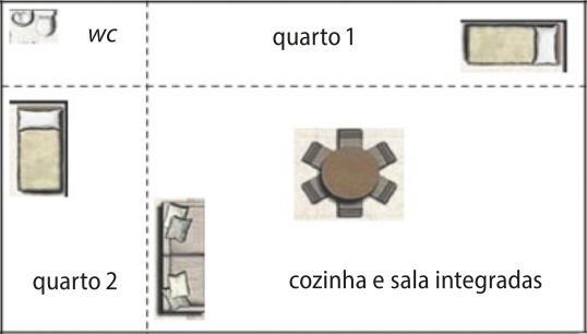 Imagem de uma planta baixa retangular. Ela é composta por 4 cômodos retangulares: W C, quarto um, quarto dois e cozinha e sala integradas.