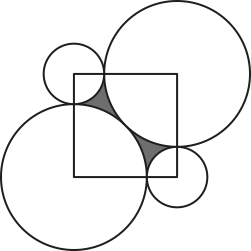 Imagem de um quadrado cujos vértices opostos coincidem com o centro de dois círculos maiores. Os outros dois vértices opostos coincidem com o centro de dois círculos menores. Os círculos maiores se tangenciam no centro do quadrado. A área do quadrado que não pertence aos círculos está sombreada.